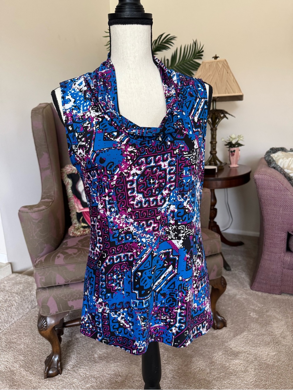 Tahari Blue, Purple & Black Printed Cowl Neck Sleeveless Top